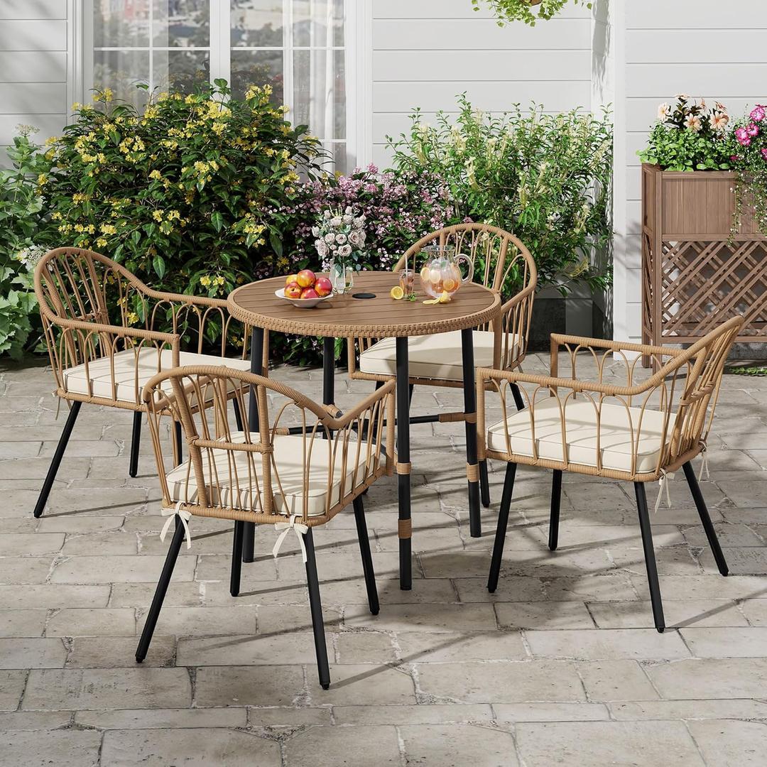 DWVO 5 Piece Patio Dining Sets, Outdoor Dining Furniture Set with 2" Umbrella Hole, Wicker Rattan Round Table and Chairs Set with Comfortable Cushions for Patio, Balcony, Backyard, Beige