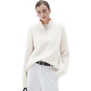 SUUKSESS Women Cashmere Blend Oversized Quarter Zip Pullover Sweater Long Sleeve Collared Ribbed Knit Jumper Tops (X-Small, White)