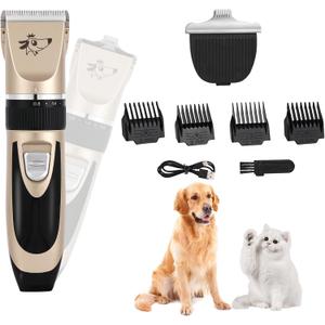 Aovdy Dog Clippers Grooming Kit, Low Noise with Rechargeable, Pet Shaver Cordless Electric Quiet Hair Thick Coats Clippers Trimmers Set for Dogs Cats Rabbit Pets (Gold A)