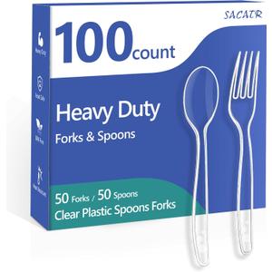 100 Count Plastic Silverware Heavy Duty -50 Forks, 50 Spoons, BPA-Free, Heat Resistant, Disposable Plastic Utensils Set, Plastic Cutlery Set, Plasticware Suitable for Party Everyday Use