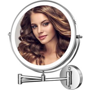 Hasipu 10-Inch Wall Mounted Makeup Mirror with Magnification, Rechargeable 3000 mAh Vanity Mirror with Lights, Bathroom Mirror with Dimmable Brightness, 3 Lighting Modes, Extendable Arm, Chrome