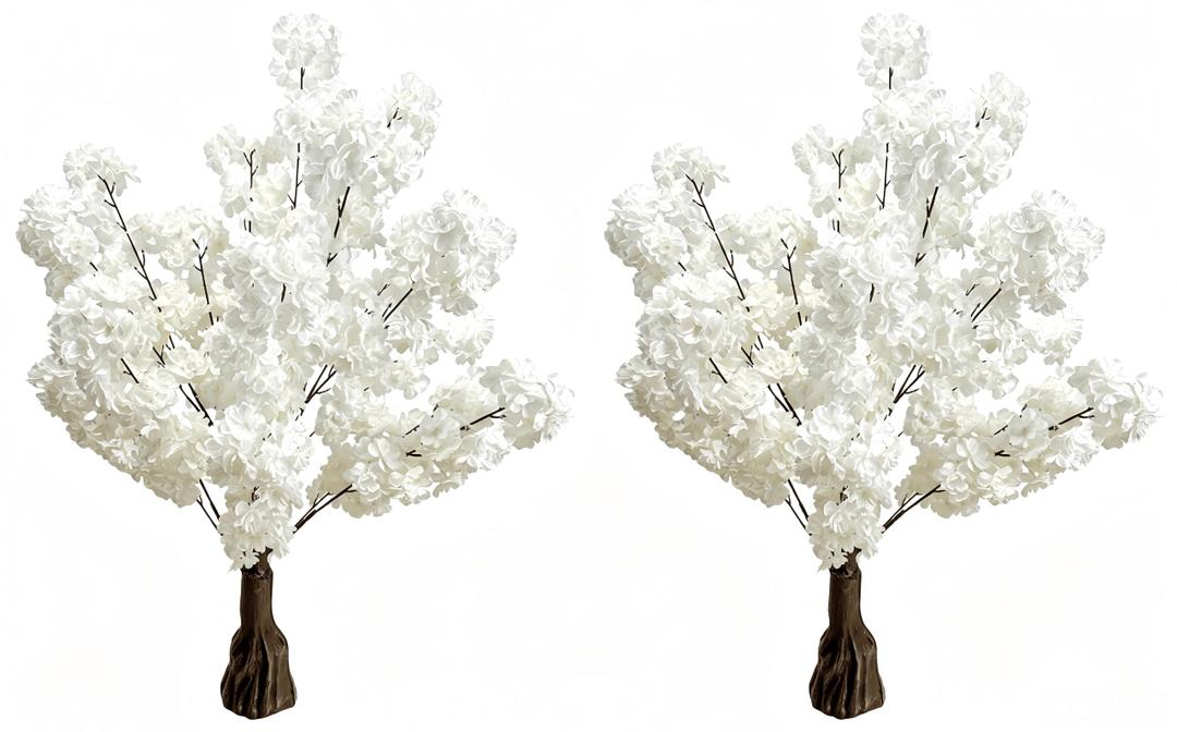 Artificial Cherry Blossom Tree 3.6ft –2 Pack White Faux Cherry Tree for Wedding Backdrop, Party Decoration, Home Living Room, Office Table, Indoor Floral Display