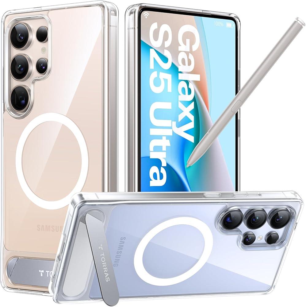 TORRAS Strong Magnetic & Seamless Stand for Samsung Galaxy S25 Ultra Case, Fit for MagSafe, MilGrade Drop Protection, Kickstand for Samsung Galaxy S25 Ultra Case, Translucent Back/Silverblue Edge