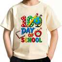 100 Days of School Shirt for Kids Boys Girls Funny 100th Day of School Toddler Graphic Short Sleeve T-Shirt 3-7T (Beige)