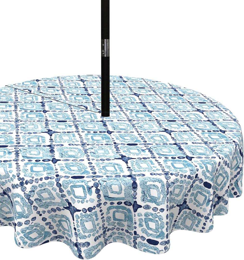 LVTXIII Outdoor/Indoor Round Tablecloth, Patio Stain Resistant Table Covers with Umbrella Hole Picnic Table Cloth with Zipper for Patio Garden Buffet Table Decoration, 60", Round, Boho Geometry Blue