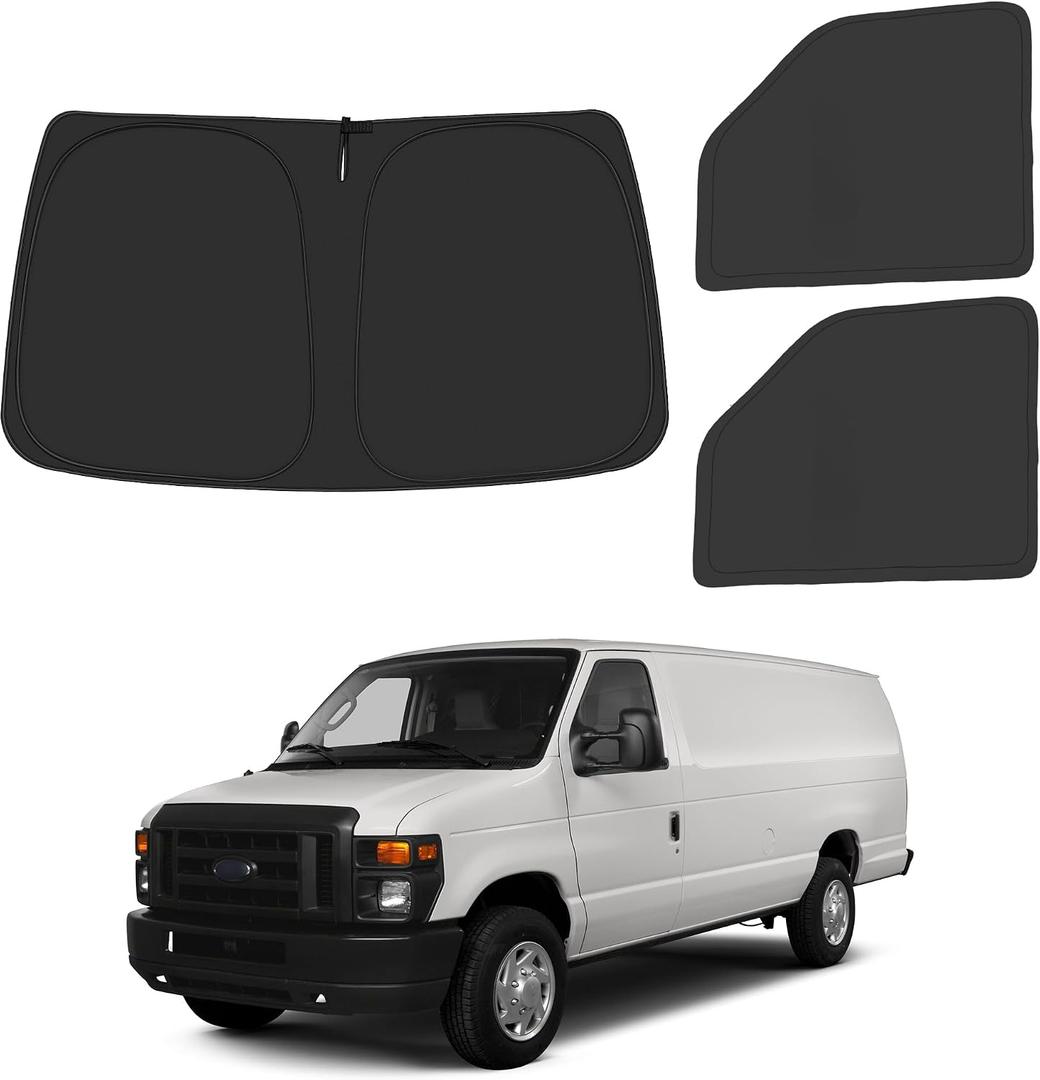 Front Windshield Side Window Sun Shade for 1992-2025 Fo-rd E-Series E-150 E-250 E-350 E-450 Van Motorhome, Foldable Window Sunshade Sun Visor Protector Blocks UV Rays Heat, Pack of 3, Silver & Black-Fit Ford E-150 E-250 E-350 E-450
