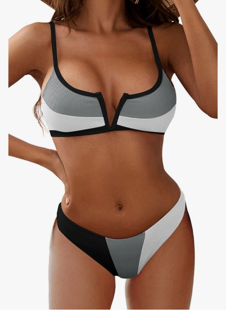 ZAFUL Women's High Cut Bikini Sets Ribbed V-Wire Cami Bikini Two Piece Swimsuit, S