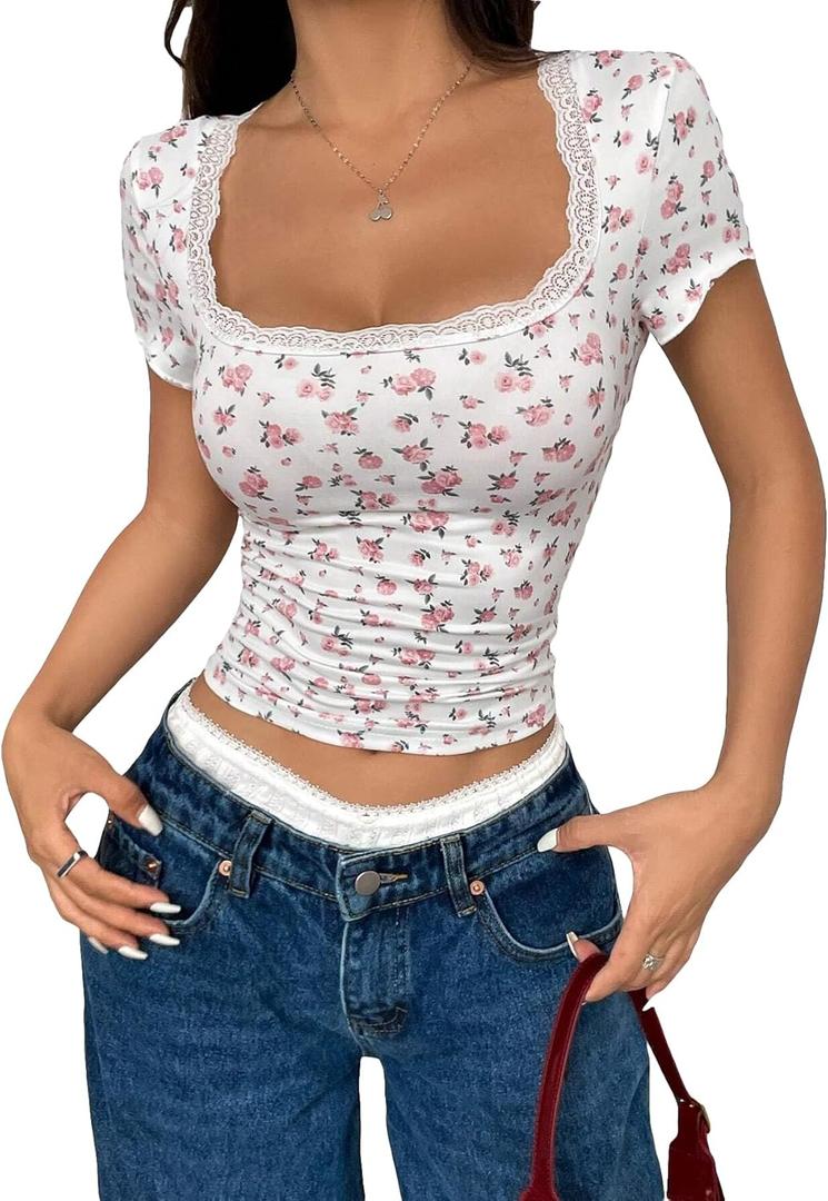 Women Y2k Ditsy Floral Lace Trim Crop Tops Yellow Cute Scoop Neck Tight Fitted Short Sleeve T Shirts Going Out (L)