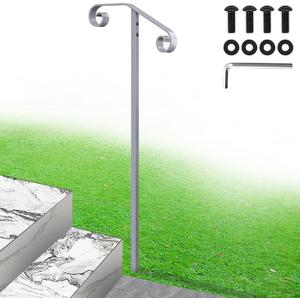 Single Step Handrail, 1 or 2 Steps Single Post Handrail in Ground, Grey Rust-Proof Wrought Iron Stair Railing for Seniors, Porch, Deck