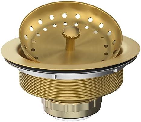 Kitchen Sink Drain Gold Sink Drain Strainer with Fixed Post 3-1/2 Inch Kitchen Drain Assembly with Strainer Basket and Drain Stopper for Standard Kitchen Sink Stainless Steel Brushed Gold