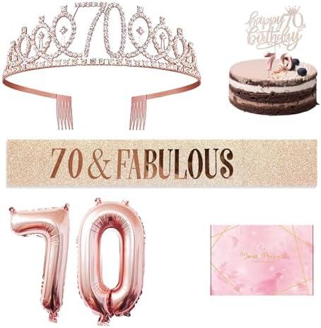 70th Birthday Decorations Women, 70th Birthday Gifts for Women, 70th Birthday Tiara, Sash, Balloon, Candles and Cake Topper for 70 Years Old Birthday Party Decoration and Supplies with Gift Box, 5PCS