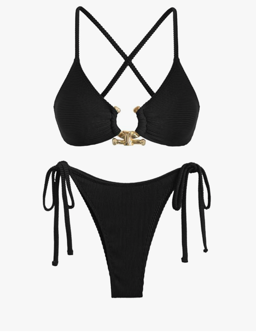 ZAFUL Women's Sexy Cutout Bikini Set High Cut Textured Metal Ring Cheeky Swimsuit Two Piece Bathing Suit, L
