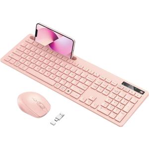 Wireless Keyboard and Mouse for MacBook, Vivefox Pink Rose Wireless Keyboard with Phone Holder, USB A & Type C Receiver, Full-Size Combo for Mac, MacBook/Air/Pro Windows PC Computer