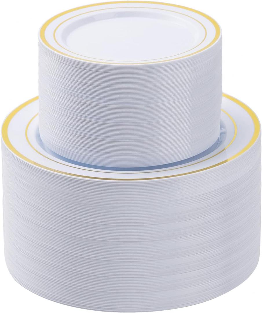 BESTSTAR 200PCS Gold Plastic Plates Set, 100 10.25 inch Dinner Plate and 100 7.5 inch Dessert Plates, Premium Disposable Plates for Party, Wedding