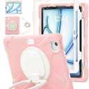 BATYUE Case for iPad Air 11inch M3 (2025) / M2 (2024), iPad Air 5th/4th 10.9 inch(2022/2020), iPad Pro 11" 4th/3rd/2nd/1st Cover with Class Screen Protector,360° Rotating Stand, Pencil Holder, Pink