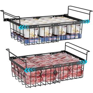 iSPECLE Freezer Organizer Bins for 10 to 20 Cu.Ft, 2 Pack Expandable Hanging Baskets Fit 17.5"-22.6" Width, Metal Wire Storage Racks for Deep Freeze, Not for Upright, Black