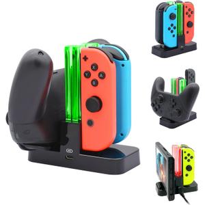FastSnail Controller Charger for Nintendo Switch & OLED Model for Joycon, Charging Dock Station for Joy con and Pro Controller with Charger Indicator & Type C Cable for Switch Wii U Accessory Kits (Black)
