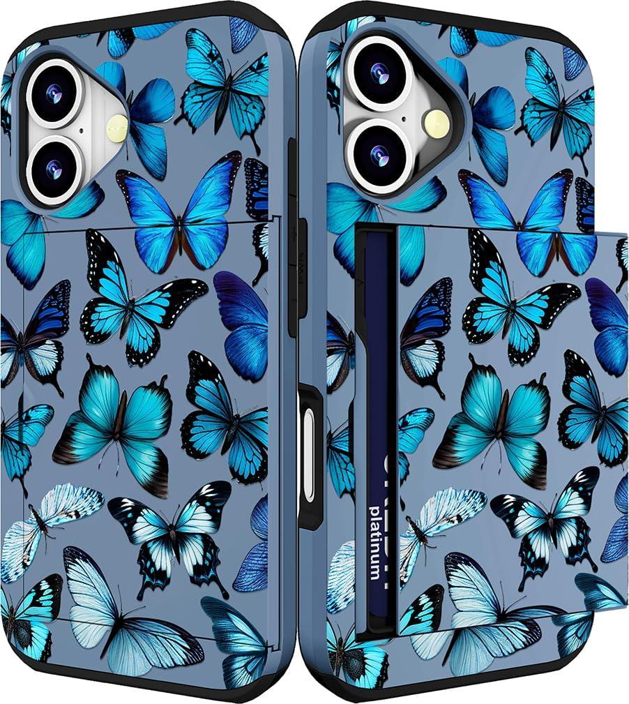 Compatible for iPhone 16 Case Cute with Card Holder Shockproof Slim Slot Phone Wallet Cover for Women/Blue Butterflies Bright Animals Beautiful Theme Ornament