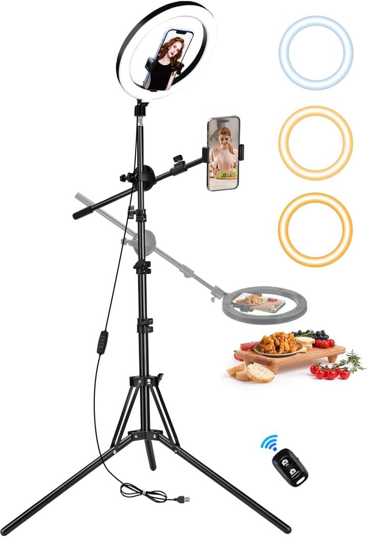 10'' Ring Light Tripod for iPhone, Selfie Ring Light with Stand for iPhone, Overhead Phone Mount with Light, Phone Light for Cooking Videos/Live Streaming/Video Recording