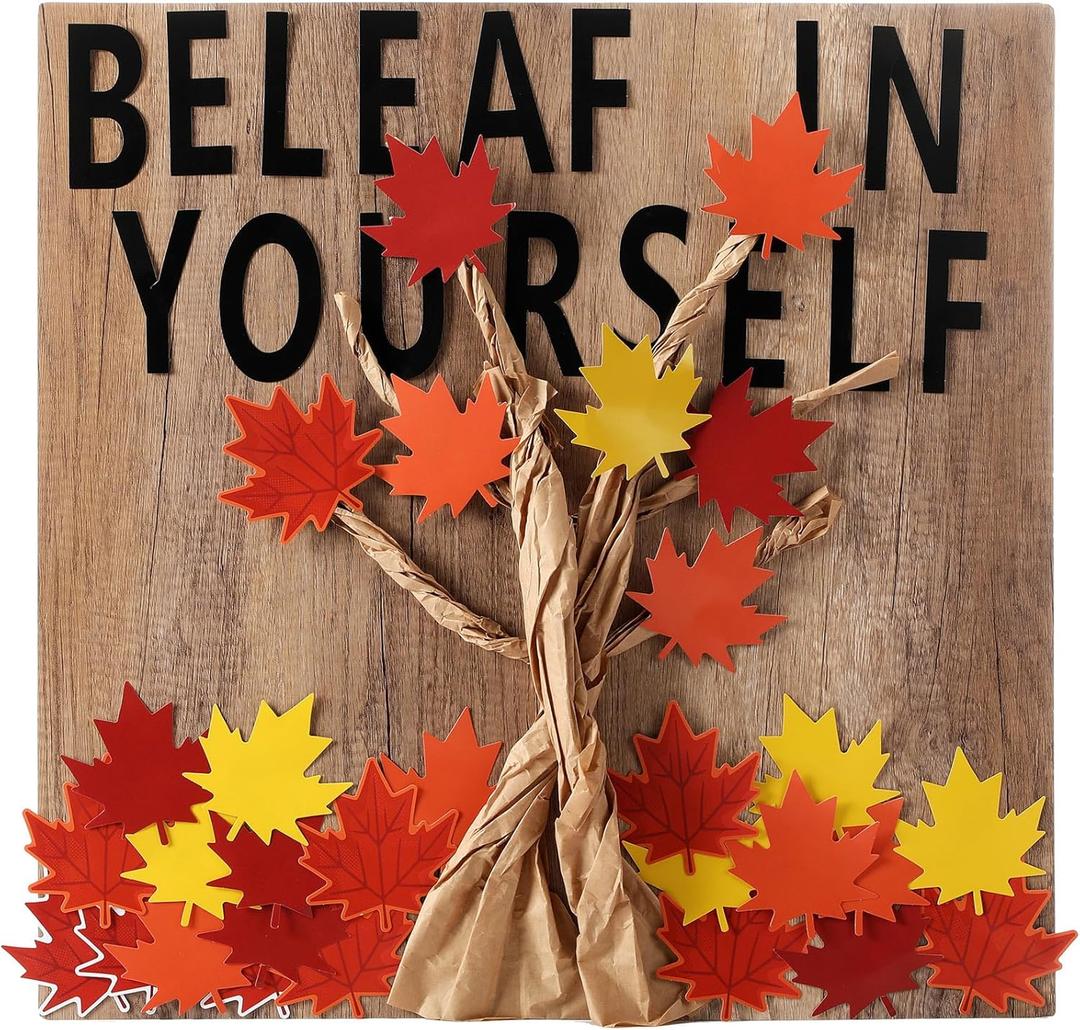 100 Pcs Fall Tree Classroom Bulletin Board Decorations Pumpkin Maple Leaf Bulletin Board Paper Cutouts Be-Leaf in Yourself with Glue Points for Classroom School Home Wall Decor