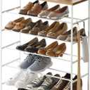 YAMAZAKI Home Six-Tier Shoe Organizer Tall Slim Shoe Rack for Entryway Or Closet, Narrow Metal Shoe Storage with Wooden Top, Steel, White, Easy Assembly, 34" - Steel - Holds 18 to 21 Shoe