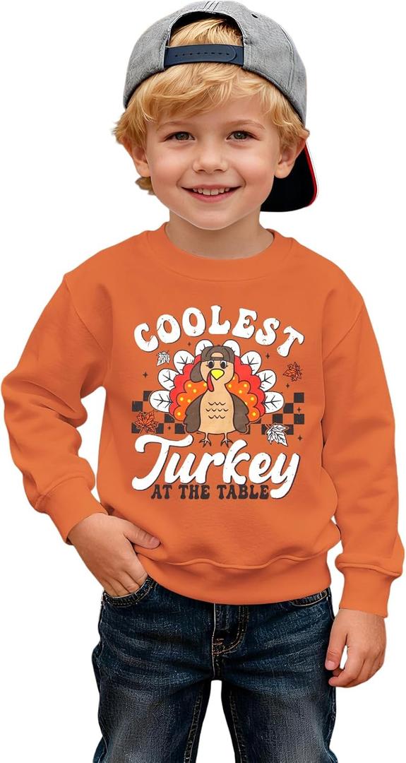 IZYJOY Toddler Boy Thanksgiving Sweatshirt Coolest Turkey at The Table Funny Pullover Top Kids Fall Holiday Long Sleeve Shirt (18-24 Months, Orange)