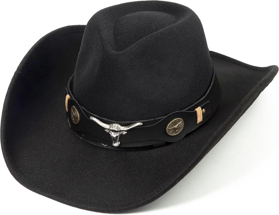 Women & Men Felt Western Cowboy Hat Classic Roll Up Brim Belt Buckle Cowgirl Fedora (M) (Black)