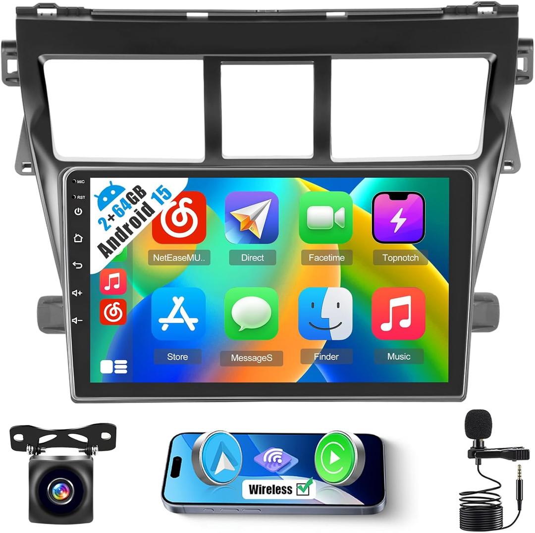 2+64G Radio for Toyota Yaris Vios 2007-2012 Stereo CarPlay Android 15 Touch Screen 9" Headunit Android Auto Bluetooth GPS Hi-Fi Backup Camera