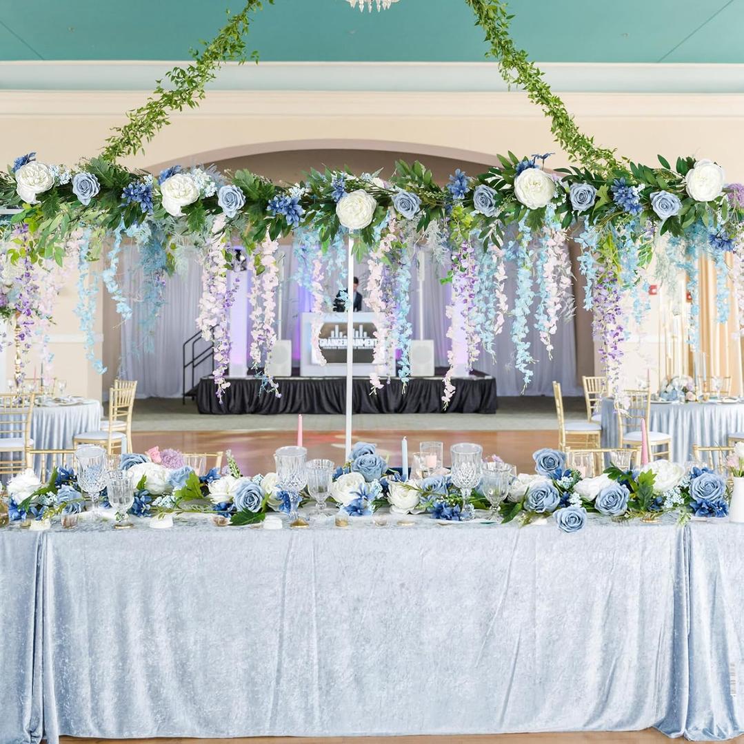 JoyHome 2 Pack Artificial Peony Flower Garland  6ft Silk Peony Garland Flower Vine Blue and White Peony Silk Roses Flowers for Wedding Arch Party Table Decor (2, Blue)