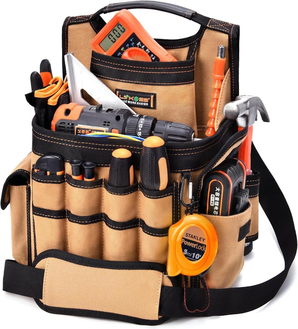 Tool Belt Bag | LOKASS Canvas Electrician Tool Pouch | 23 Pockets&Loops for Tool Organizer | Utility Pouch with Adjustable Belt and Shoulder Strap for Men/Women/Carpenter/Electricians/Constructors