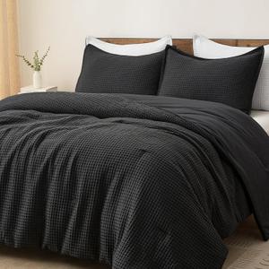 PHF Ultra Soft Waffle Weave Comforter Set Queen Size, 3 Pieces Lightweight Breathable Comfy Bedding Set, Comfy Textured 1 Comforter with 2 Pillow Shams, Black