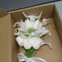 Floral Bouquet 10 Artificial Calla Lilies with 8 Artificial Tulip Flowers, Bridesmaid Bouquet with Wedding Ceremony Festivals Anniversary Bridal Rehearsal Party Bar Table Decor (White)