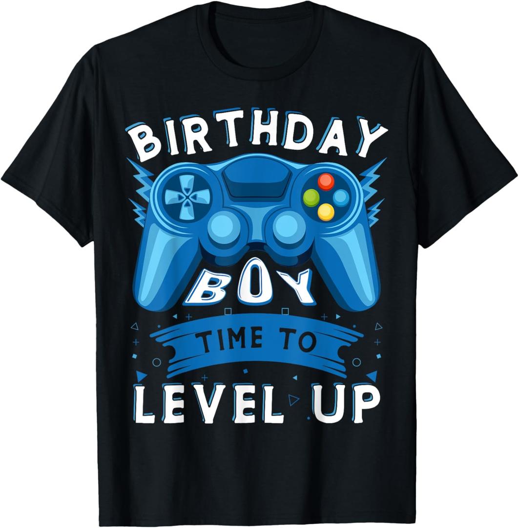 Birthday Boy Time to Level Up Video Game Birthday Gamer Boys T-Shirt (Black, L)