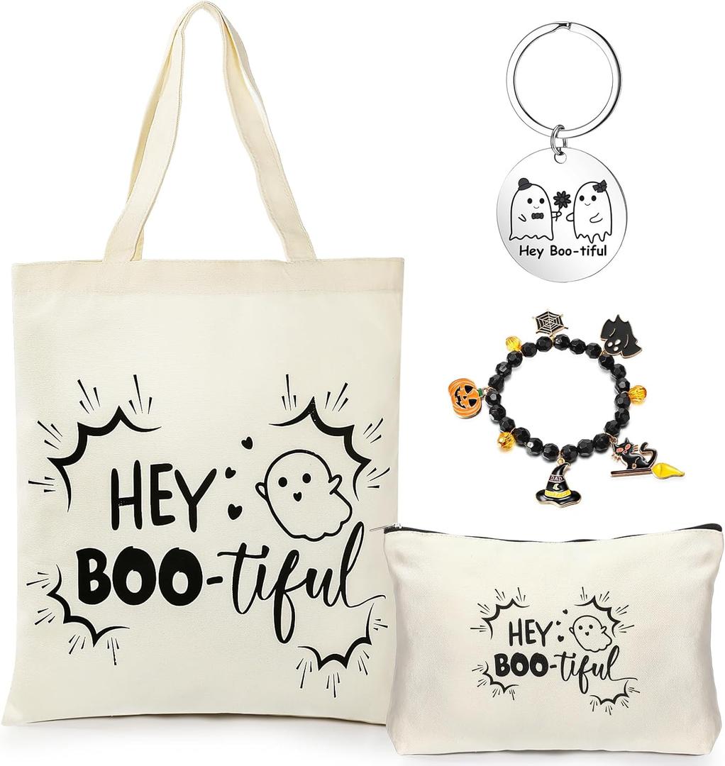 Paterr 4 Pcs Halloween Boo Basket Gift Spooky Tote Bag Keychain Cosmetic Bag Pumpkin Bracelets Ghost Love Boo Gifts for Women (Beige)