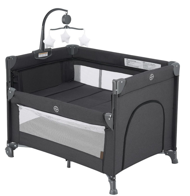 2-in-1 Pack and Play with Mattress,Baby Bassinet Bedside Sleeper, Bedside Bassinet & Baby Playpen, Easy Folding Portable Crib for Newborn to Toddlers (Dark Grey)