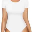 MANGOPOP Round Neck Short Sleeve Bodysuit for Women Basic Body Suit Shirts Tops White M