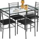 VECELO 5-Piece Kitchen Dining Table Set, Glasses Tabletop & Heavy-Duty Metel Frame, Rectangle Dinette with 4 Chairs for Small Space, Breakfast Nook, Glasses & Black