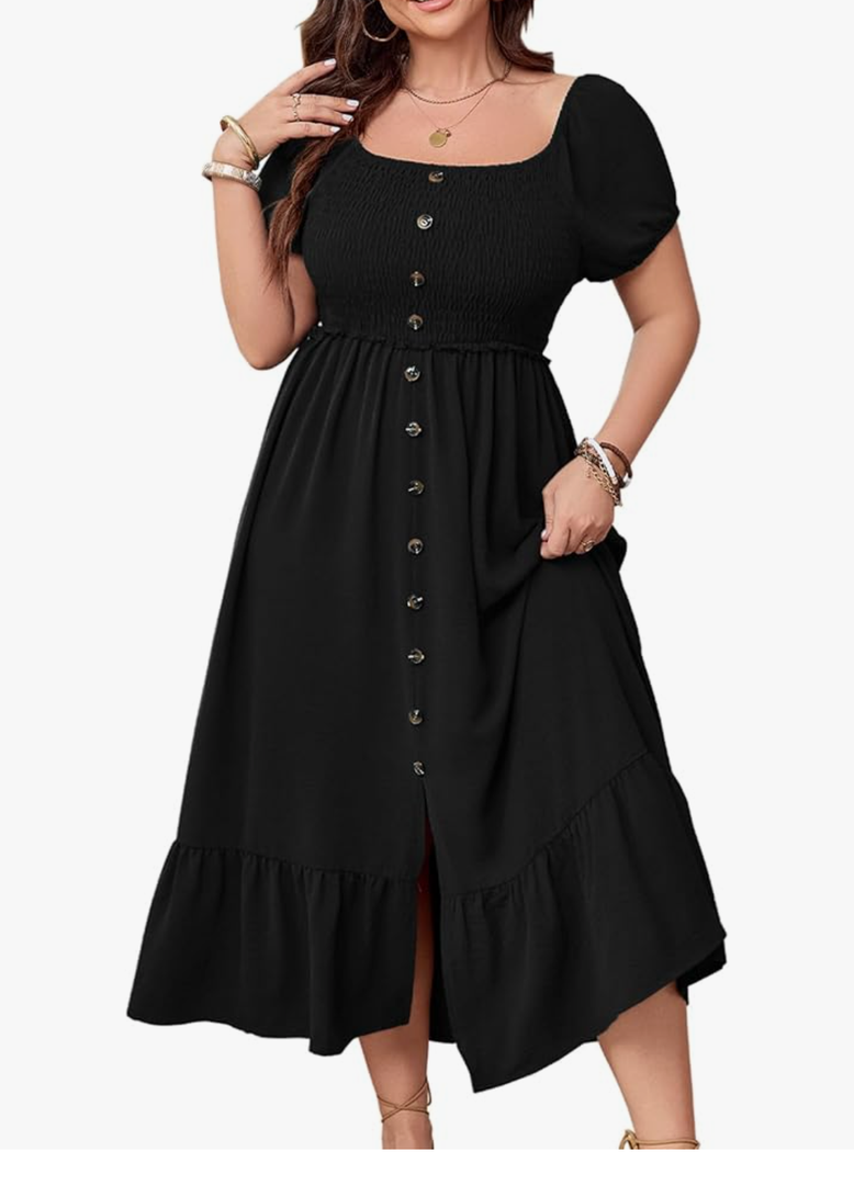 SCOMCHIC Womens Plus Size Summer Dresses Short Sleeve Square Neck Button Down Smocked Casual Ruffle Slit Maxi Boho Dress Size L