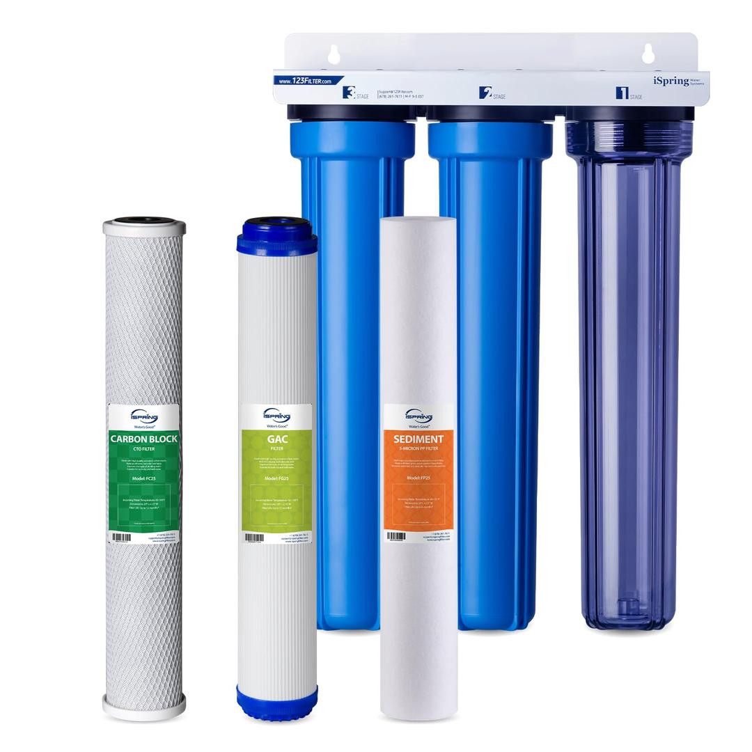 iSpring Whole House Water Filter System, Reduces Chloramine, PFAS, Chlorine, Sediments, 3-Stage Whole House Water Filtration System, 5-Micron, 3/4" Inlet/Outlet, Model: WCB32C-GAC