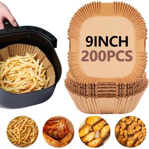 UBeesize 9-Inch Air Fryer Parchment Liners - 200 Pack, Square Non-Stick Disposable Paper Sheets for Microwave & Air Fryers, Unbleached Baking Sheets (8-Inch Base)