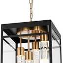 Outdoor LED Pendant Light Fixtures for Porch,4 Lights 5CCT Large Hanging Pendant Lantern,Black Brass LED Integrated Bulbs Modern Outdoor Pendant Lights, Exterior Chandelier for Patio,Foyer