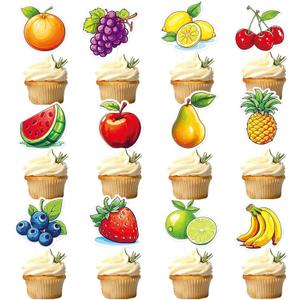 Ercadio 36 Pcs Double Sided Fruit Cupcake Toppers Fruit Combination Theme Watermelon Apple Banana Lemon Pineapple Strawberry Cupcake Picks for Kid Baby Shower Summer Decorations