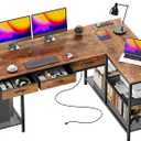 PRAISUN 55 Inch L Shaped Office Desk with Power Outlets and Type-C Port, Large Computer Gaming Desk with 3 Fabric Drawers, Mesh Shelves, Corner Study Work Writing Desk, Rustic Brown