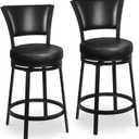 Bar Stools, 25 Inch Metal Counter Height Barstools Set of 2, Faux Leather Round 360 Swivel Bar Chairs with Backrest, Modern Swivel Bar Stool for Kitchen Island, Black