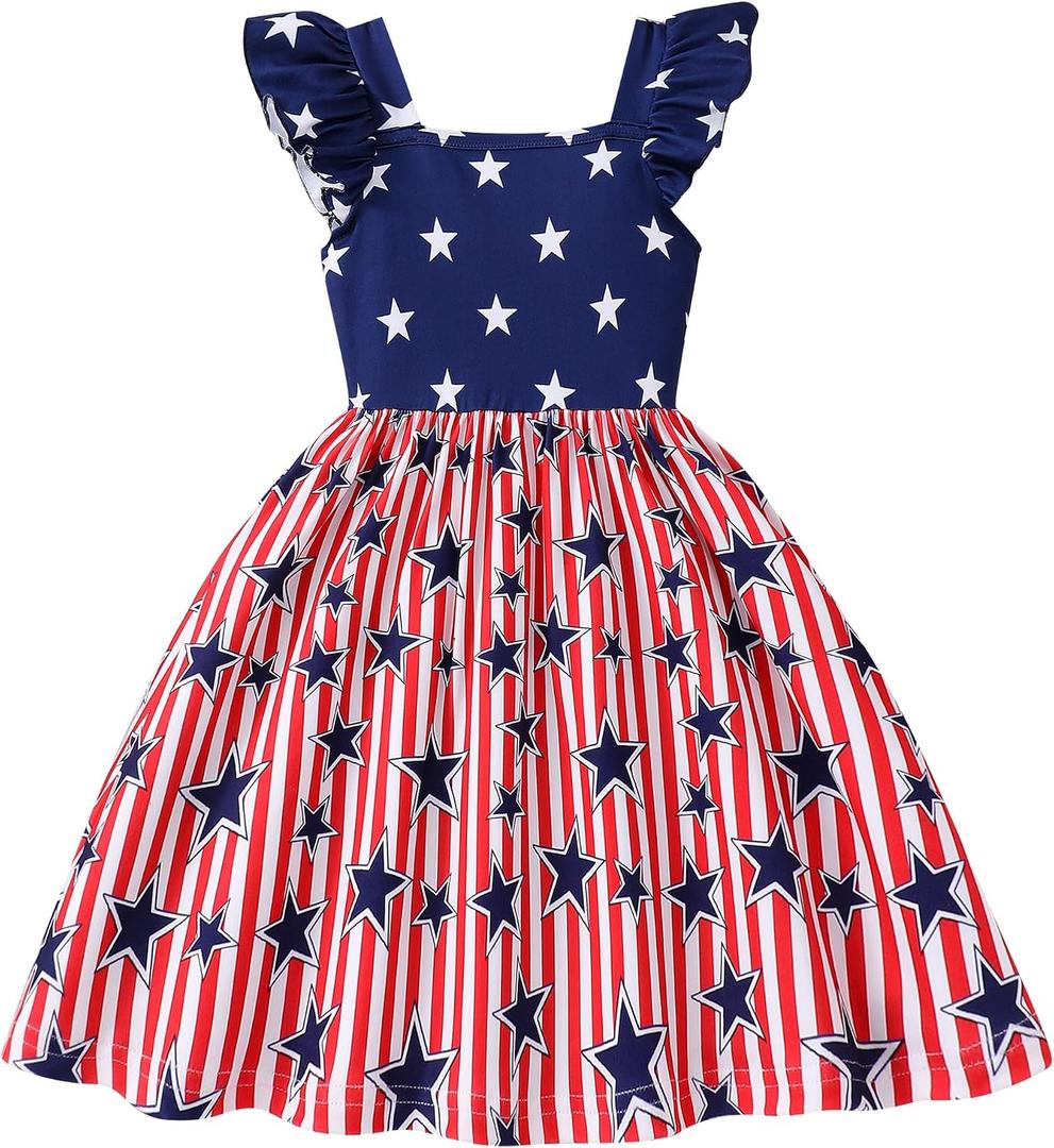 CM-Kid Little Girls 4th of July Dress Kids Independence Day Dresses American Flag Sundress Summer Patriotic Outfit Clothes (Blue)