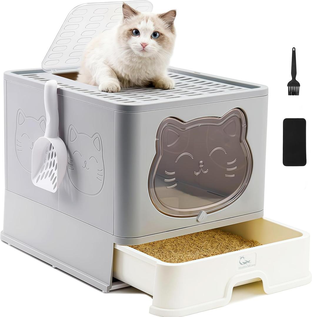 Hooded Fully Enclosed Cat Litter Box with Drawer, Extra Large Odor Control Indoor Litter Tray, Privacy Covered Toilet with Scoop for Cats Under 17.6Ib(8kg) (lightgray)