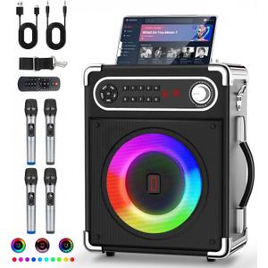 Karaoke Machine with 4 Wireless Microphones, Portable Bluetooth 5.1 Speaker for Adults Kids with LED Lights, Bass/Treble Adjustment, PA System with Remote Control, Supports FM/AUX/USB/TF for Party