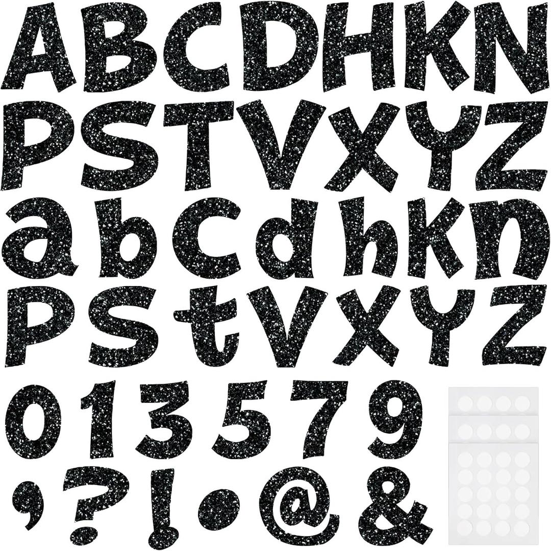Colarr 216 Pcs Glitter Bulletin Board Letters for Classroom Numbers Alphabet 4 Inch Poster Board Letters with Adhesive Dots Punctuation Symbols Cutout Bulletin Display School Decor(Black)