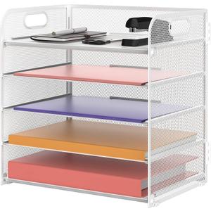 Supeasy 5 Trays Paper Organizer Letter Tray with Handle-Mesh Desk File Organizer, Paper Sorter Desk Organizer for Office, Home or School (White)