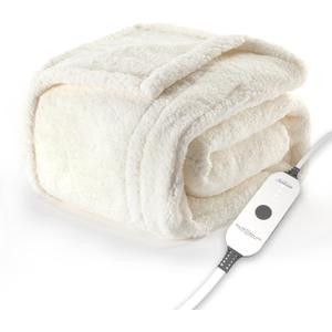 Sunbeam Royal Sherpa Foot Pocket Heated Throw Electric Blanket, 50" x 60", 4 Heat Settings, 4-Hour Auto Shut-Off, Warming Throw for Couch or Bed, Fast Heating, Machine Washable, Natural